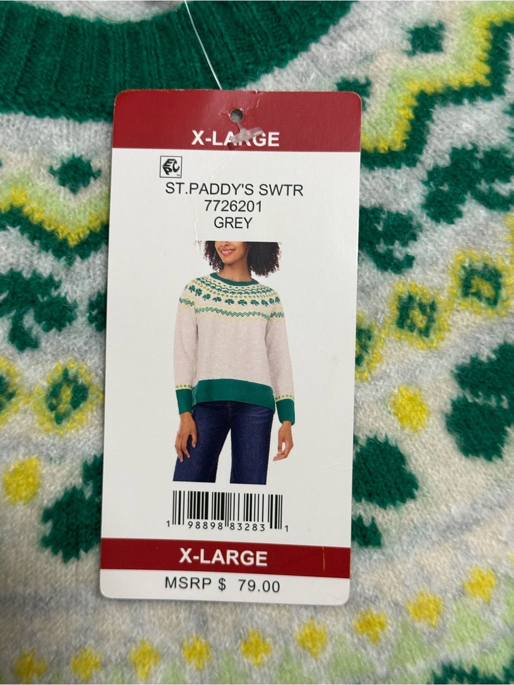 Vince Camuto Gray Crewneck Sweater with Green and Yellow Fair Isle Yoke - Picture 3 of 3